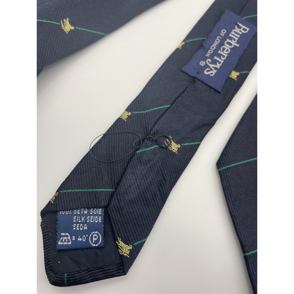 Burberrys of London Vintage Silk Tie Navy Blue Green Stripe Gold Crest England - Picture 4 of 5